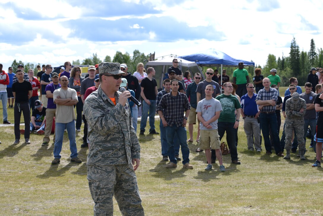 U.S. Air Force Col. Larry Rice, the 354th Mission Support Group (MSG) commander, gives a welcome speech during the MSG Summer Bash June 5, 2015, at the Chena Lake Recreation Area in North Pole, Alaska. Rice thanked all squadron commanders and Airmen for their hard work during his time as the group commander. (U.S. Air Force photo by Senior Airman Ashley Nicole Taylor/Released)