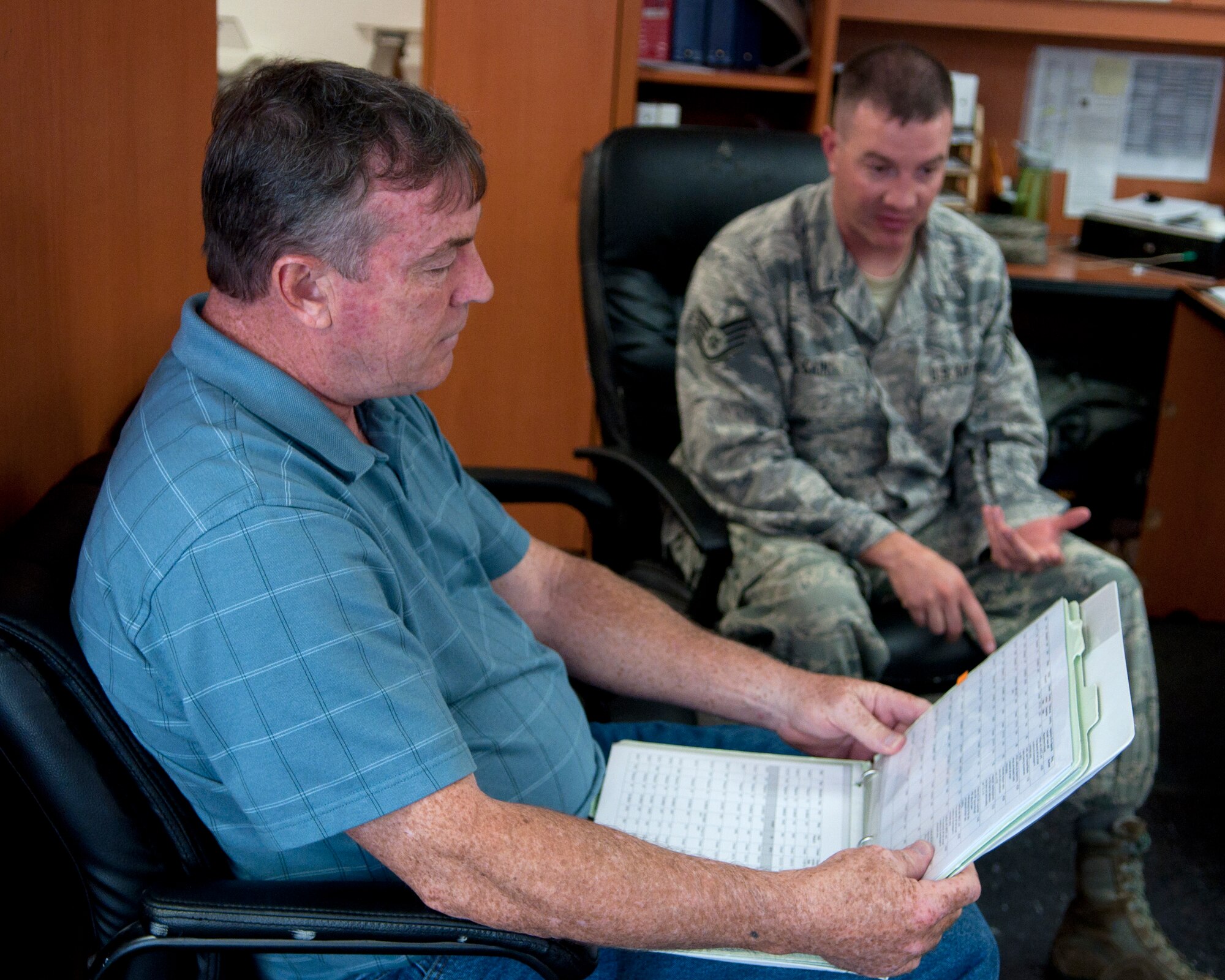 Richard Mullee, 90th MW Safety Office missile safety superintendent, reviews the 90th Missile Maintenance squadron checklists during the its annual weapons safety inspection June 9, 2015, on F.E. Warren Air Force Base, Wyo. The office reviews checklists and guidance from higher leadership to assist Airmen on the job with remaining safe in their work environment. (U.S. Air Force photo by Airman 1st Class Malcolm Mayfield)