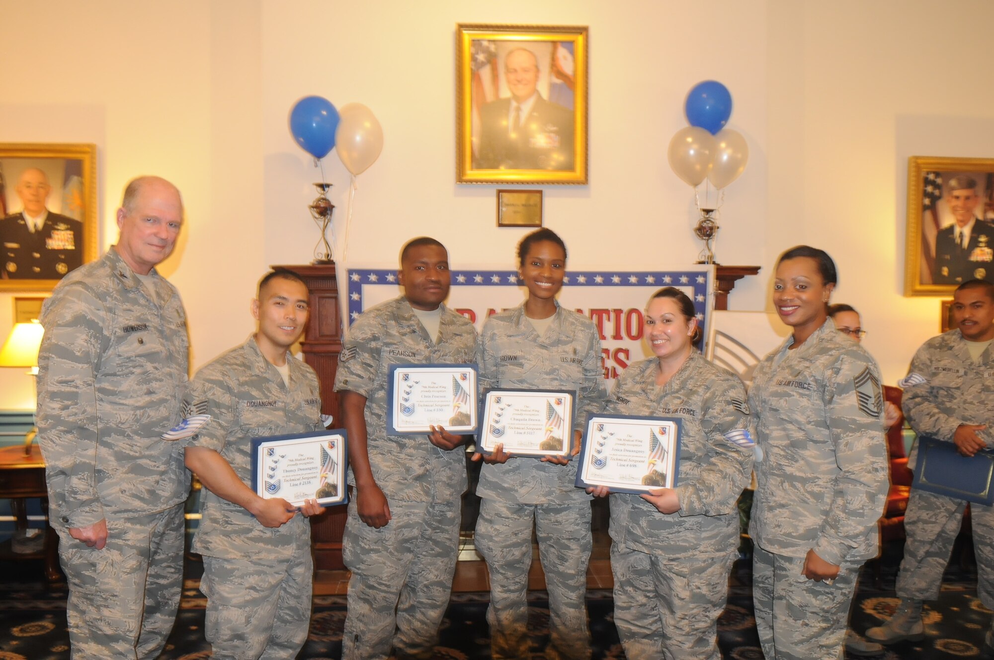 On June 9 the Technical  Sergeant selection was published. 79th Medical Wing had 22 individuals selected for promotion. Celebrations were held at both Joint Base Anacostia-Bolling and Joint Base Andrews. Col. Robert Bowersox, commander for the 79th Medical Wing and Chief Master Sgt. Diena M. Mosely, 579th Medical Group Superintendent attended the celebration on Joint Base Anacostia-Bolling to congratulate the new selectees. 