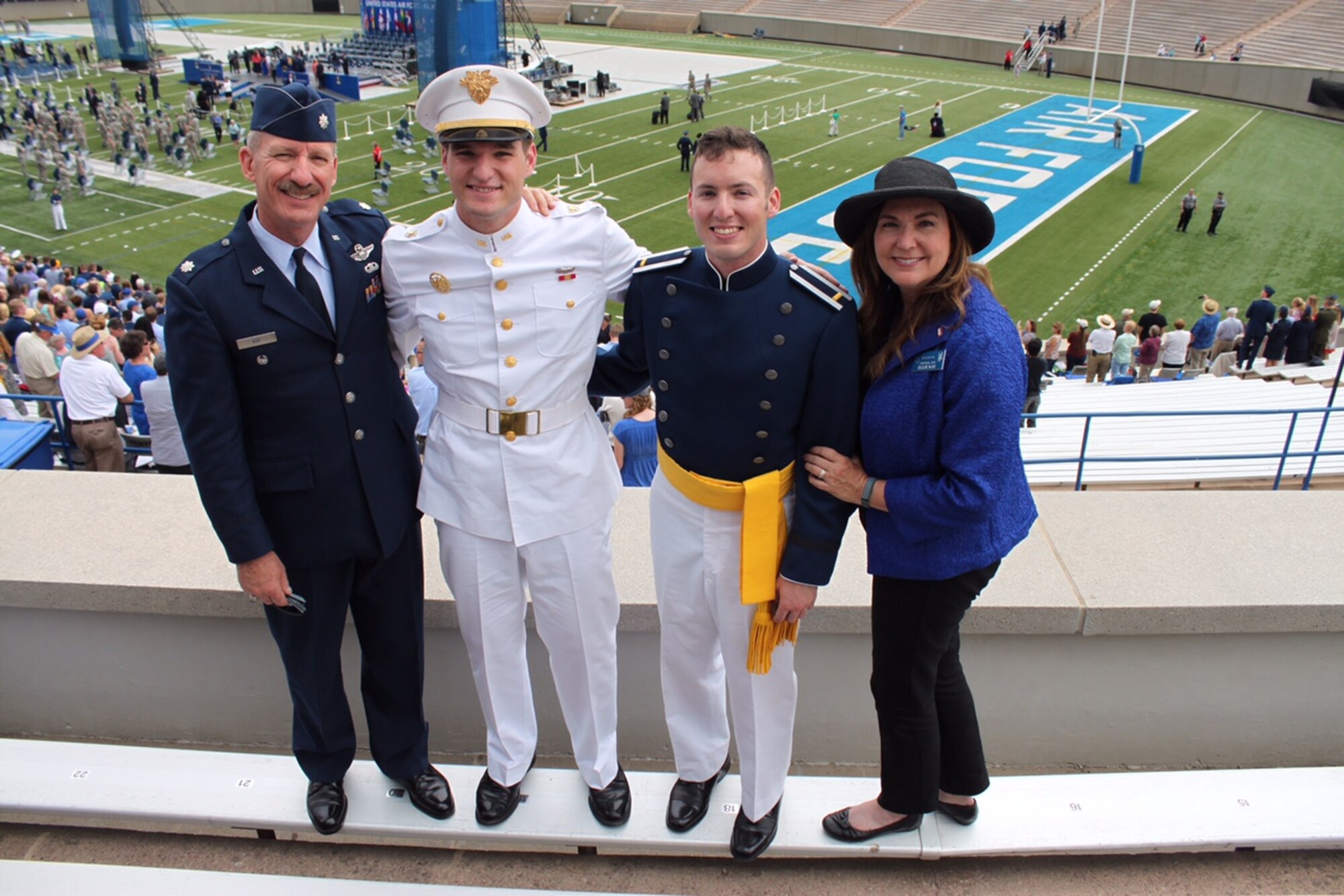 Second Lt. Jon Kay, a 2015 U.S. Air Force Academy graduate, stands with (from left to  right) his father, retired Lt. Col. Bob Kay, a 1978 Academy graduate, his brother Josh Kay, a rising junior cadet at the U.S. Military Academy, and his mother Ellie Kay, after the Academy Class of 2015 graduation ceremony at Falcon Stadium May 28, 2015. (Courtesy photo)