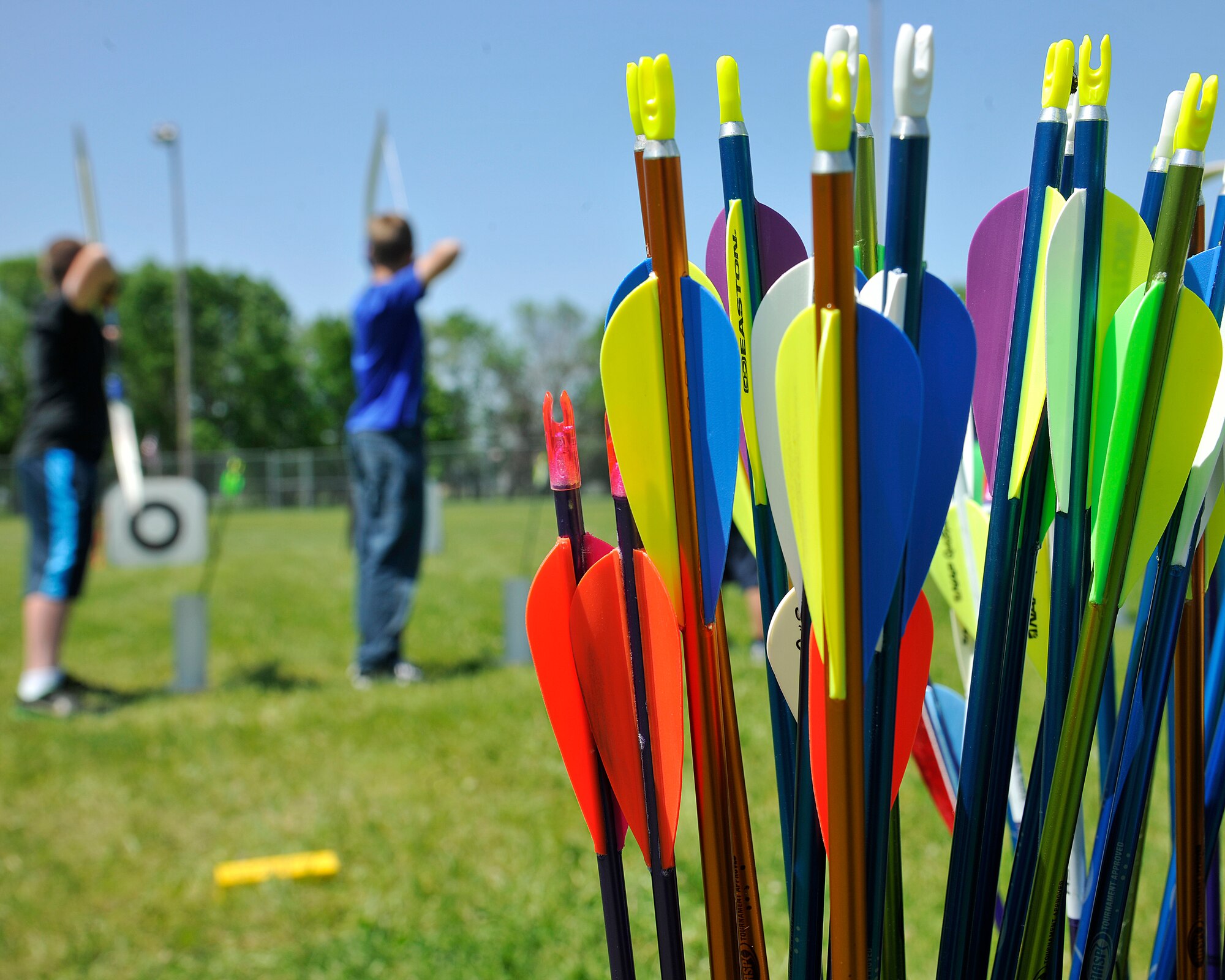 The 319th Force Support Squadron Youth Center held its first archery camp June 9, 2015, on Grand Forks Air Force Base, N.D. Approximately 20 youth participated in the weeklong course which involved team building exercises and shooting game activities. (U.S. Air Force photo by Senior Airman Xavier Navarro/released)