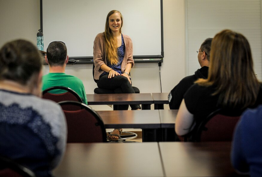 Jessica Hellmann, 5th Bomb Wing deputy sexual assault response coordinator, speaks to a class as part of the Real Airmen Speak Program at Minot Air Force Base, N.D., June 3, 2015. The class is designed for all enlisted members age 28 and under and focuses on communication, consent and respect. (U.S. Air Force photo/Senior Airman Stephanie Morris)
