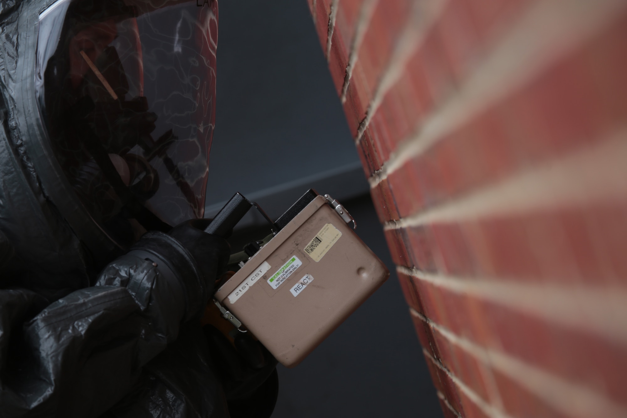 U.S. Army Sgt. Nick Lam from the New Jersey National Guard's 21st Weapons of Mass of Destruction Civil Support Team scans a building for radioactive material during a weapons of mass destruction response exercise at the Cherry Hill Armory in Cherry Hill, N.J., June 3, 2015. The 21st Civil Support Team is made up of both Army and Air National Guard members, and is located on Joint Base McGuire-Dix-Lakehurst, N.J. (U.S. Air National Guard photo by Tech. Sgt. Matt Hecht/Released)