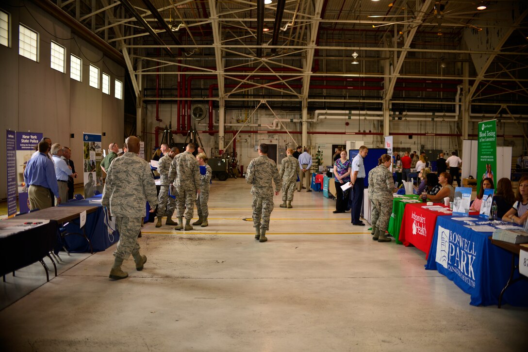 Members of the Niagara Falls Air Reserve Station participate in a career fair here, June 4, 2015. Representatives for more than 100 employers were available to take resumes for current openings and discuss qualifications and skills required for employment. (U.S. Air Force photo by Tech Sgt. Stephanie Sawyer)