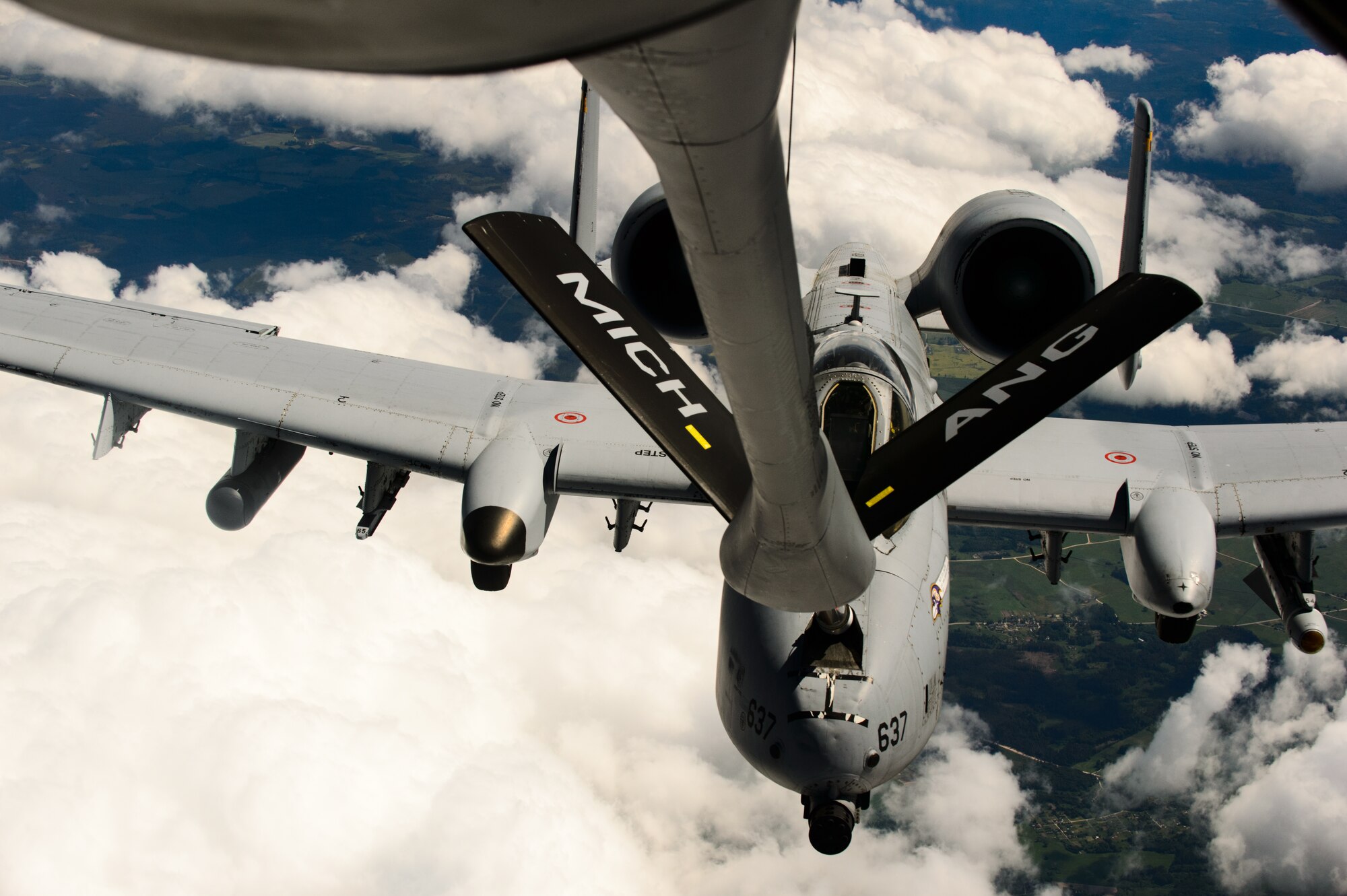 Air National Guardsmen conduct aerial-refueling in order to extend the close air support capabilities provided by the A-10 Thunderbolt II to participants of Saber Strike 15 June 9, 2015 in Latvian Air Space. Guardsmen from Maryland, Michigan and Pennsylvania came together to support Saber Strike 15 by providing aerial-refueling and close air support. Saber Strike 15 is a joint and multinational exercise designed to promote stability in the Baltic area and provide an opportunity for military members to sharpen their skills. (U.S. Air Force photo/ Staff Sgt. Armando A. Schwier-Morales)