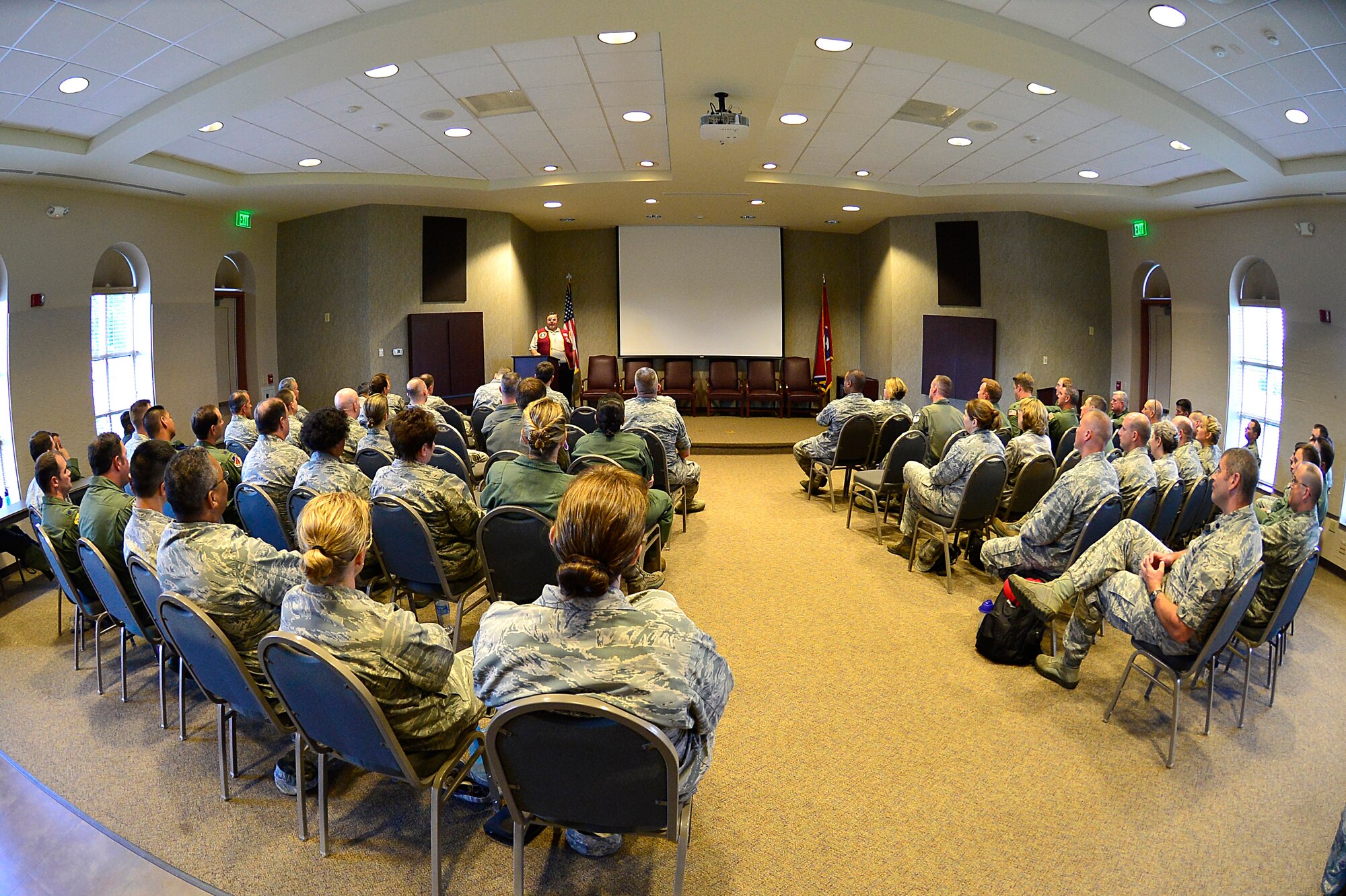 MCGHEE TYSON AIR NATIONAL GUARD BASE, Tenn. - More than 60 lieutenant colonels studying with the Air War College seminar at the I.G. Brown Training and Education Center here, June 4, 2015, listen to retired Air Force Capt. William Robinson, the first enlisted POW of the Vietnam War, who shared his experiences. The officers were part of the AWC's fourth seminar on campus for the Air National Guard and Air Force Reserve Command, which included one Marine Corps officer in attendance. (U.S. Air National Guard photo by Master Sgt. Mike R. Smith/Released) 