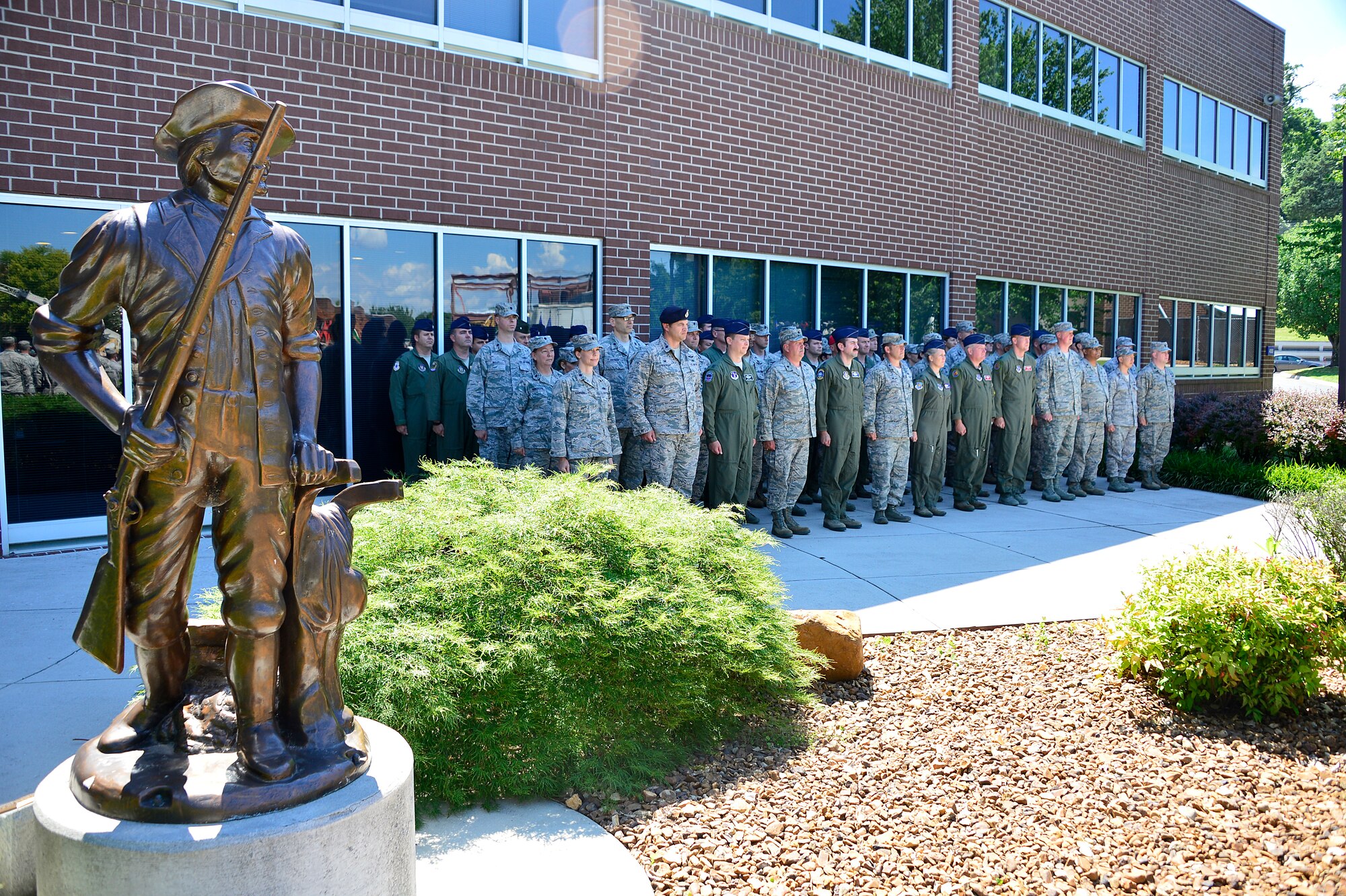 MCGHEE TYSON AIR NATIONAL GUARD BASE, Tenn. - More than 60 lieutenant colonels at the I.G. Brown Training and Education Center here, June 4, 2015, form up with NCO academy students, instructors and staff for the day's retreat. The officers were part of the AWC's fourth seminar on campus for the Air National Guard and Air Force Reserve Command, which included one Marine Corps officer in attendance. (U.S. Air National Guard photo by Master Sgt. Mike R. Smith/Released) 