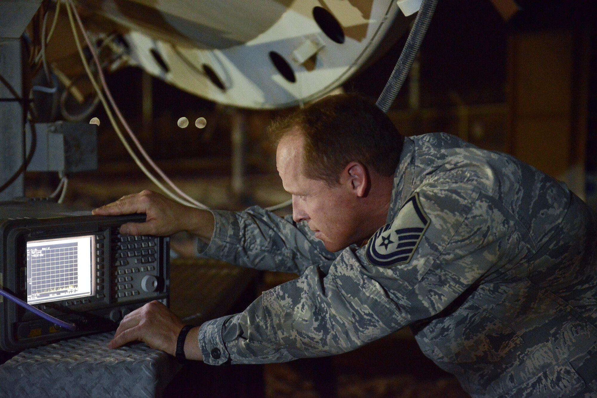 The 379th Expeditionary Operations Support Squadron operates through an antenna ‘farm’ of two weapons systems named Rapid Attack Identification Detection Reporting System Deployable Ground Segment and Bounty Hunter, which provide the only Defense Space Control mission throughout the entire area of responsibility. (U.S. Air Force photo/Staff Sgt. Alexandre Montes) 