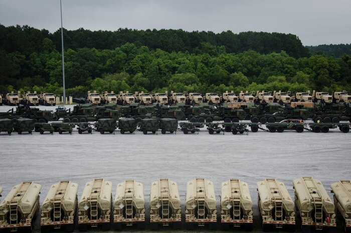 More than 1,200 vehicles and equipment are staged at Wharf Alpha, June 5, 2015 at Joint Base Charleston – Weapons Station, S.C. The 841st Transportation Battalion will be loading these onto a vehicle carrier to be shipped to Europe. The 841st TB's mission is to conduct surface deployment and redeployment distribution and water terminal operations in support of the warfighter. (U.S. Air Force photo/Staff Sgt. AJ Hyatt)