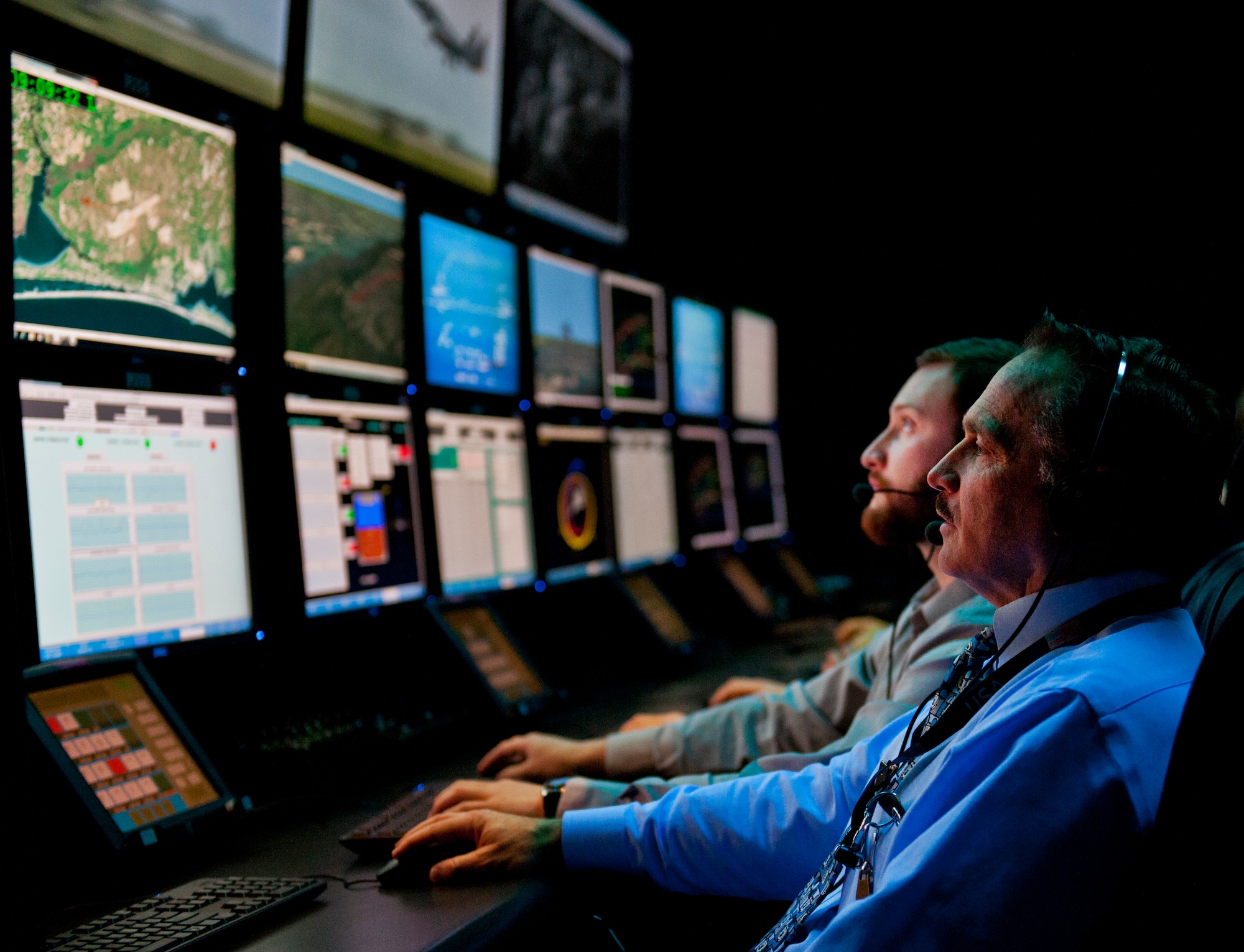 Larry Campbell, 96th Range Control Squadron, monitors a test from the central control facility at Eglin Air Force Base, Fla., April 6.  The 96th RCS through its CCF provides real-time mission control of airborne test and large force training missions on the Eglin Test and Training Range. The CCF is a state-of-the-art facility analogous to NASA’s mission control but on a smaller scale. Operations involve the real-time tracking and control of aircraft and weapons in flight, data collection, and data processing for real-time and post-mission system under test performance analysis. (U.S. Air Force photo/Samuel King Jr.)