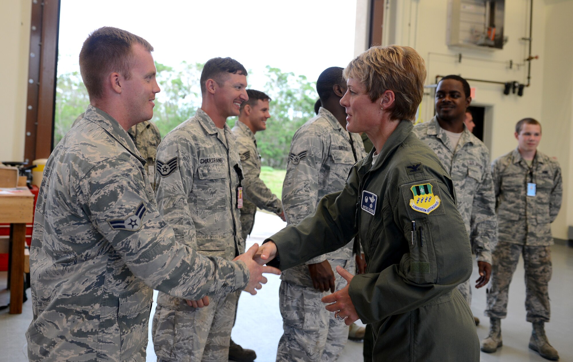 Col. Kristin Goodwin, 2nd Bomb Wing meets with Airmen from the 36th Munitions Squadron June 3, 2015, at Andersen Air Force Base, Guam. Goodwin toured Andersen to meet with the units and Airmen in support of U.S. Pacific Command’s Continuous Bomber Presence mission. (U.S. Air Force photo by Airman 1st Class Arielle Vasquez/Released)