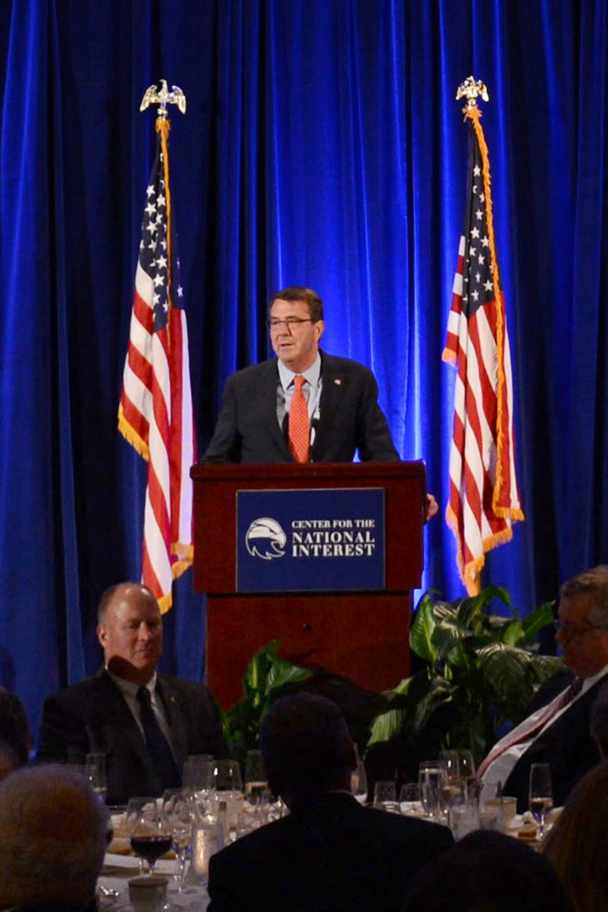 Defense Secretary Ash Carter makes remarks on the challenges facing America's security while expressing gratitude for receiving the Distinguished Service Award at the Center for the National Interest in Washington, June 9, 2015. DoD photo by Air Force Master Sgt. Adrian Cadiz