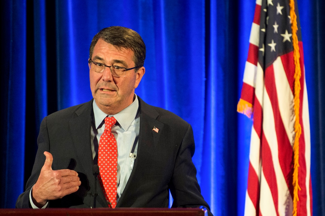 Defense Secretary Ash Carter speaks about the challenges facing America's security and expresses gratitude for receiving the Center for the National Interest's 2015 Distinguished Service Award in Washington, D.C., June 9, 2015.
