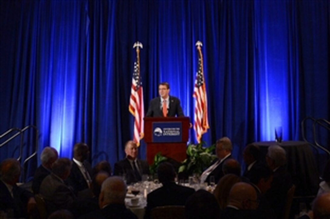 Defense Secretary Ash Carter makes remarks on the challenges facing America's security while expressing gratitude for receiving the Center for the National Interest's 2015 Distinguished Service Award in Washington, D.C., June 9, 2015.
