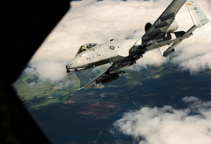 A Maryland Air National Guard pilot returns to support Saber Strike and provide close-air-support after refueling with a KC-135 Stratotanker June 9, 2015, in Latvian airspace. Guardsmen from Maryland, Michigan and Pennsylvania came together to support Saber Strike 15 by providing aerial-refueling and close-air-support. Saber Strike 15 is a joint and multinational exercise designed to promote stability in the Baltic area and provide an opportunity for military members to sharpen their skills.