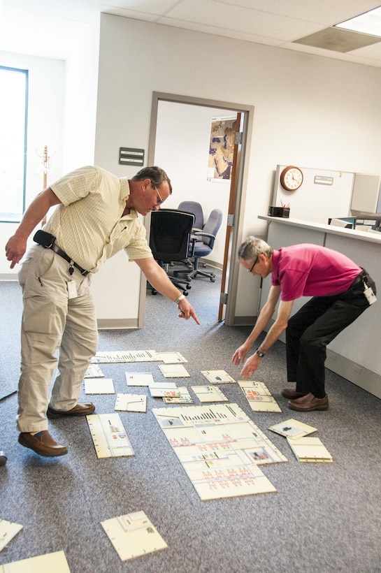 Dale Hartman, chief of the Middle East District’s Center of Standardization for Contingency Facilities and Mark Whitacre, an engineering technician, lay out a model of a military camp designed by the CoS. The CoS was recently awarded the Gordon Frank Award for Outstanding Value Methodology in Government at the 2015 SAVE Value Summit in San Diego June 9.