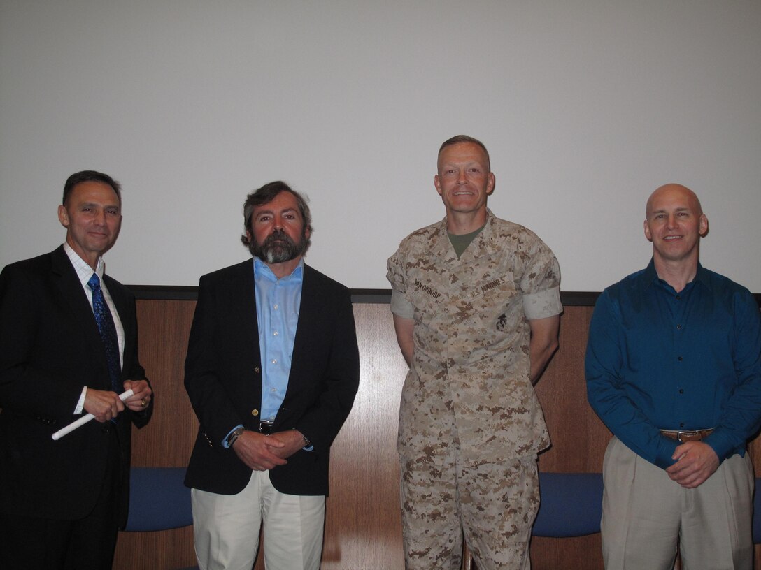 Mogadishu veterans from left to right, Frank Baker, Dave Hall, Col. Harold Van Opdorp, and Hunter Maxx spoke at the Modadishu lecture held by the Case Method Project at the Gray Research Center on May 21.