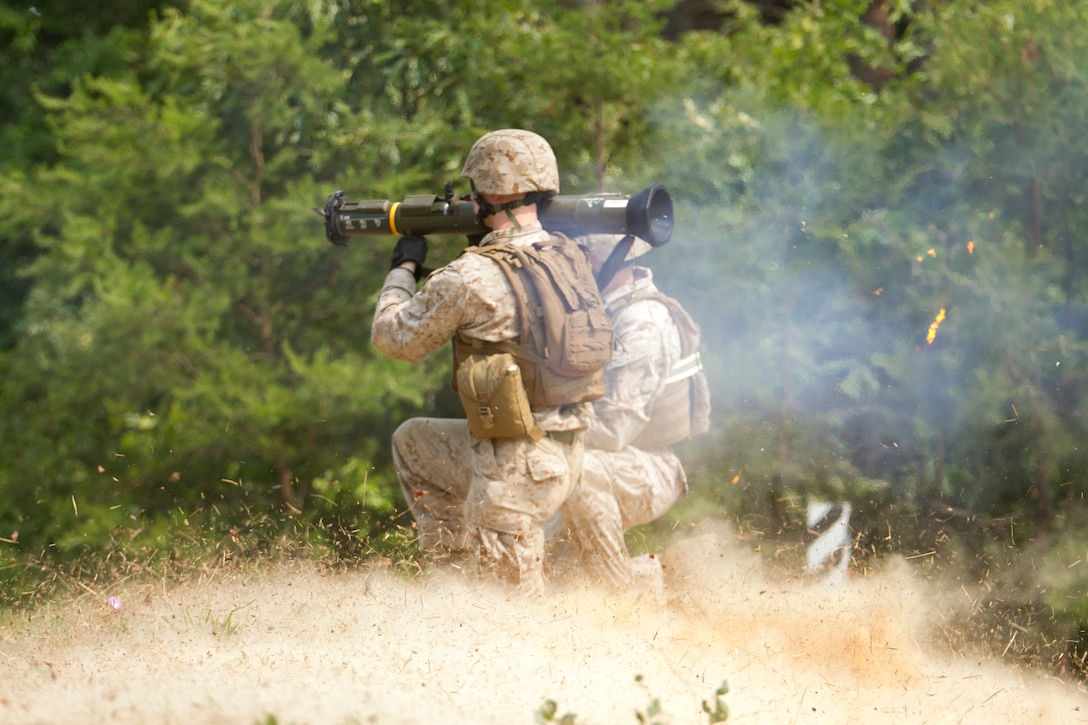 A Marine from Company A, Marine Barracks Washington, D.C., employs an AT-4 rocket launcher at range 8 Alpha, Marine Corps Base Quantico, Va., June 10, 2015. Forty five Marines from A Co. conducted an M203 grenade launcher qualification course and M67 fragmentation grenade and AT-4 rocket launcher battle drills. The objective of this training was to instruct the Marines in the proper implementation of the weapon systems, said Capt. Mark Batey, executive officer, A Co., Marine Barracks Washington, D.C. “The main focus of the range was to properly employ high explosives as a squad and the right way to use those assets as an infantry squad.”
(U.S. Marine Corps photo by Cpl. Skye Davis/Released)