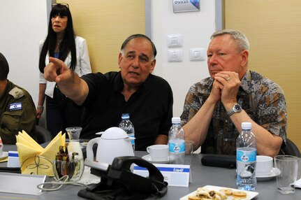 Army Gen. Frank Grass, chief, National Guard Bureau, talks with Mayor Yona Yahav of Haifa, Israel, during a June 3, 2015, visit to observe a national level readiness exercise conducted by Israel's Home Front Command. The National Guard has a bilateral relationship with the HFC.