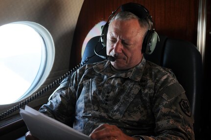 Army Gen. Frank Grass, chief, National Guard Bureau, prepares for his next stop during a six-nation, nine-day visit to National Guard troops, the commands they support, and U.S. and foreign partners, June 5, 2015. (U.S. Army National Guard photo by Sgt. 1st Class Jim Greenhill) (Released)