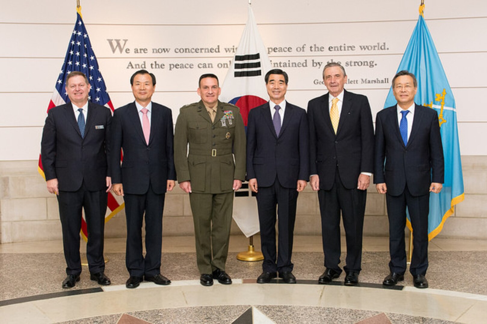 From (l) to (r): Dr. Rich Hooker, Director of INSS;  Dr. Chang Hyung Lee, KIDA; NDU President MajGen Frederick Padilla (USMC); LTG Hong Jeon Han, President, KIDA; Dr. Jim Przystup, Senior Research Fellow, INSS; and Dr. Changsu Kim, KIDA.