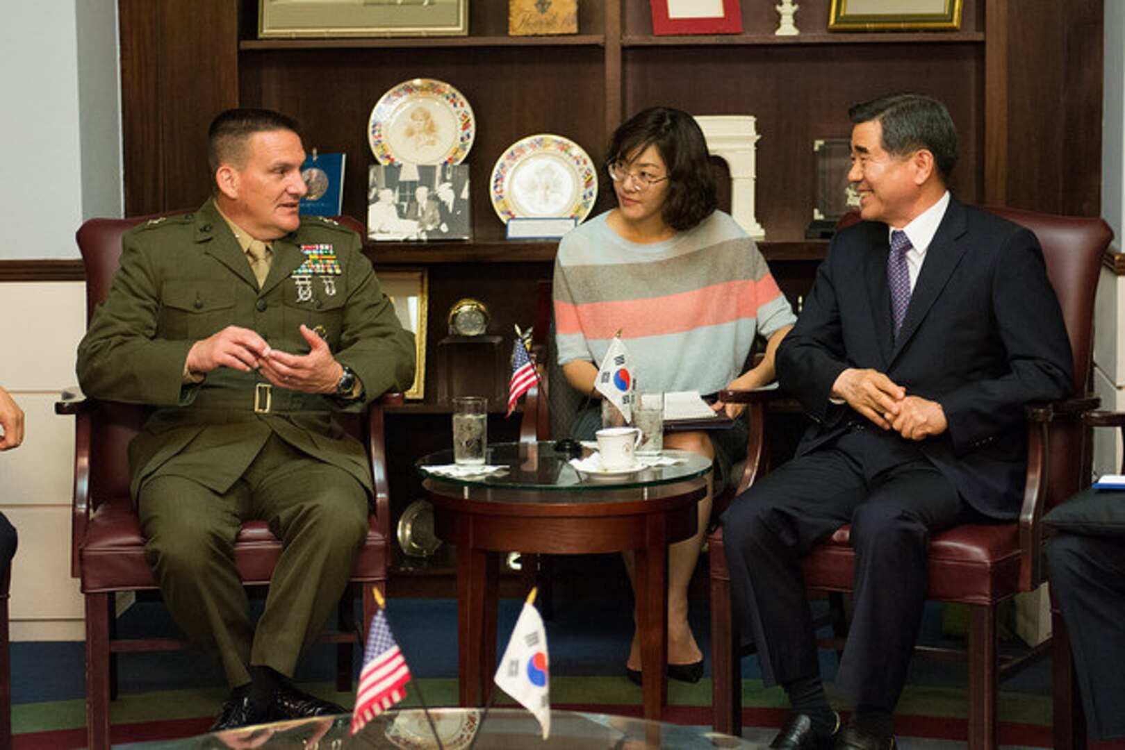 NDU President MajGen Frederick Padilla (USMC) (l) speaking with LTG (retired) Hong Jeon Han, President, Korea Institute for Defense Analyses (r) with Ms. Whokyung Lee of KIDA serving as interpreter.  