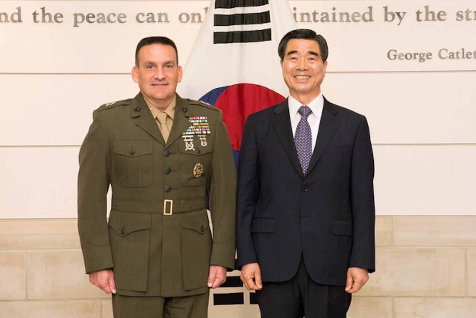 NDU President MajGen Frederick Padilla (USMC) (l) and LTG (retired) Hong Jeon Han, President, Korea Institute for Defense Analyses (KIDA) (r).