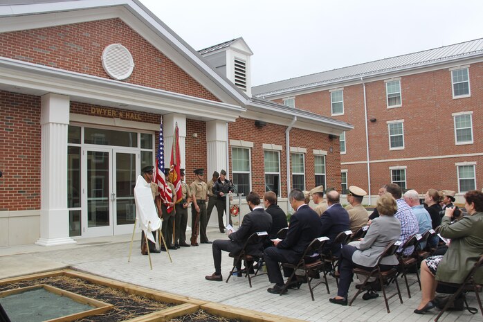 Lt Col Vincent J. Ciuccoli, MCAF commanding officer spoke during the McCaughtry Barracks and Dwyer Hall dedication ceremony, Quantico Marine Corps Base, MCAF,  Friday, June 5, 2015.  
