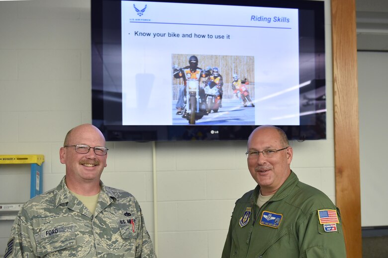 Air Force Reserve Tech. Sgt. Andy Ford and Master Sergeant Vince Bartlomain teach the Motorcycle Safety Course for the 910th Airlift Wing safety office here June 7, 2015. Ford works for both safety and the 910th Maintenance Squadron Avionics shop. Bartlomain is a C-130 Aircraft flight engineer for the 757th Airlift Squadron. U.S. Air Force photo/Tech. Sgt. Jim Brock.
