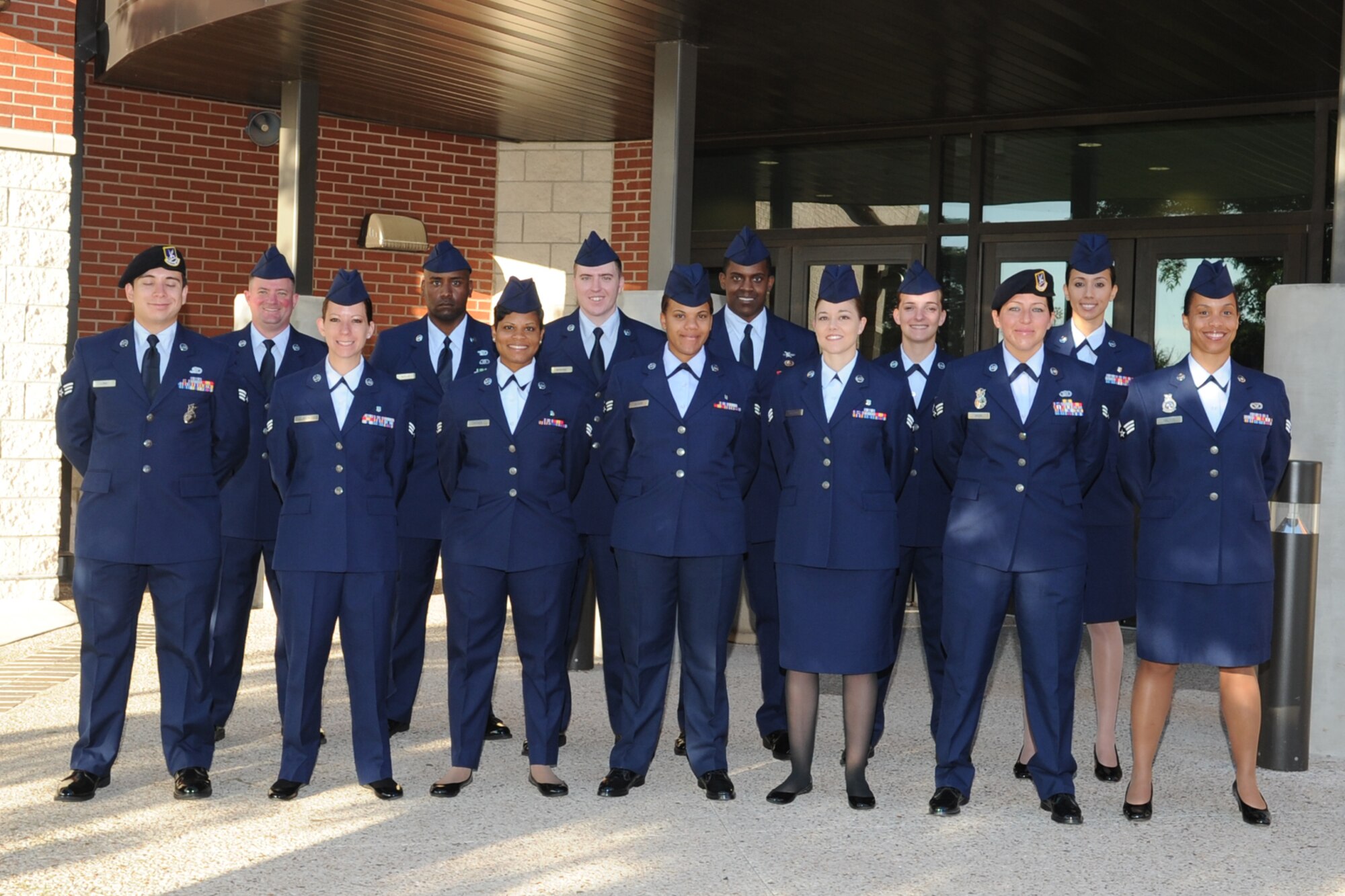 Students from Airman Leadership School class 15-D pose for a group photo in front of the Consolidated Learning Center at Goodfellow Air Force Base, Texas, June 2, 2015. The students graduated June 11, 2015. (U.S. Air Force photo by Staff Sgt. Laura R. McFarlane)