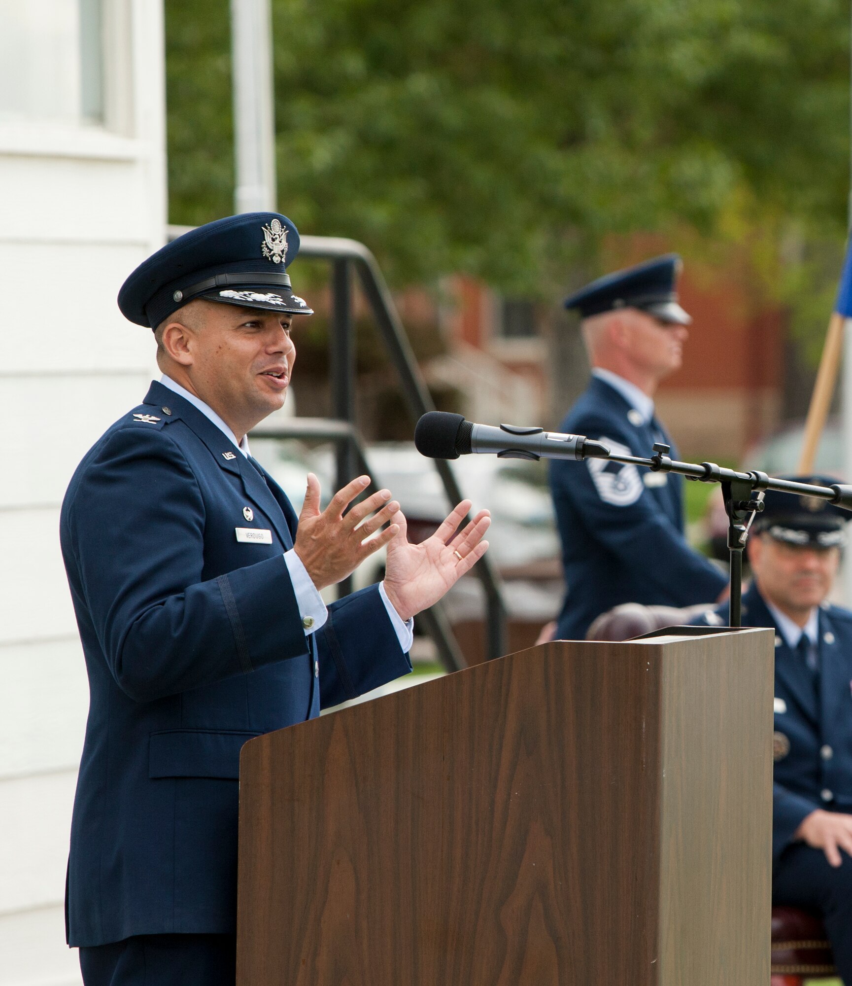 Col. Frank R. Verdugo, 90th Mission Support Group commander, addresses guests and Airmen during the 90th MSG change-of-command ceremony on the Argonne Parade Field, F.E. Warren Air Force Base, Wyo., June 11, 2015. Verdugo assumed command of the group from Col. Travis E. Condon.