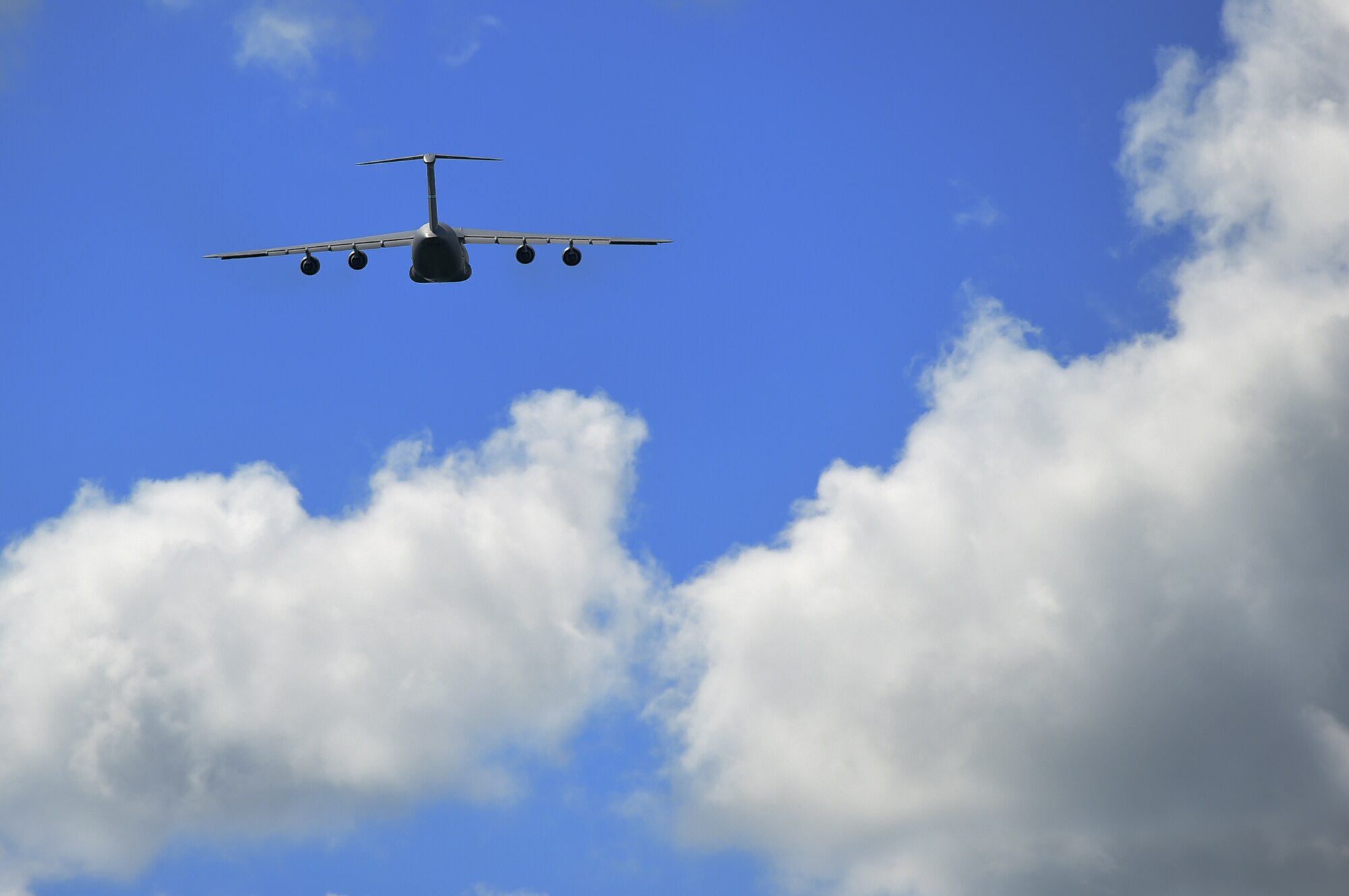 A C-5 Super Galaxy takes off from RAF Fairford, United Kingdom, June 3, 2015, after dropping off cargo in support of U.S. European Command Exercises BALTOPS 15 and SABER STRIKE 15 from June 5-21, 2015. The deployment of U.S. bombers to RAF Fairford, which was coordinated with USEUCOM and NATO, demonstrates the U.S.’s long-standing relationship with UK allies. (U.S. Air Force photo by Tech. Sgt. Chrissy Best)