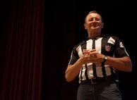 Ed Hochuli, NFL referee, speaks to Airmen at Minot Air Force Base, N.D., June 5, 2015. Hochuli discussed different ways to perform at high levels while under stress and pressure. (U.S. Air Force photo/Airman 1st Class Sahara L. Fales) 