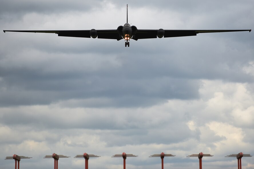 A U-2S from Beale Air Force Base, Calif., prepares to land at Royal Air Force Fairford, England, June 9, 2015. The film "Bridge of Spies" features the U-2, and with the Air Force support, filmmakers were provided access to film the high-altitude, reconnaissance aircraft and gain insights from current U-2 pilots based out of Beale AFB. (U.S. Air Force photo/Staff Sgt. Jarad A. Denton)