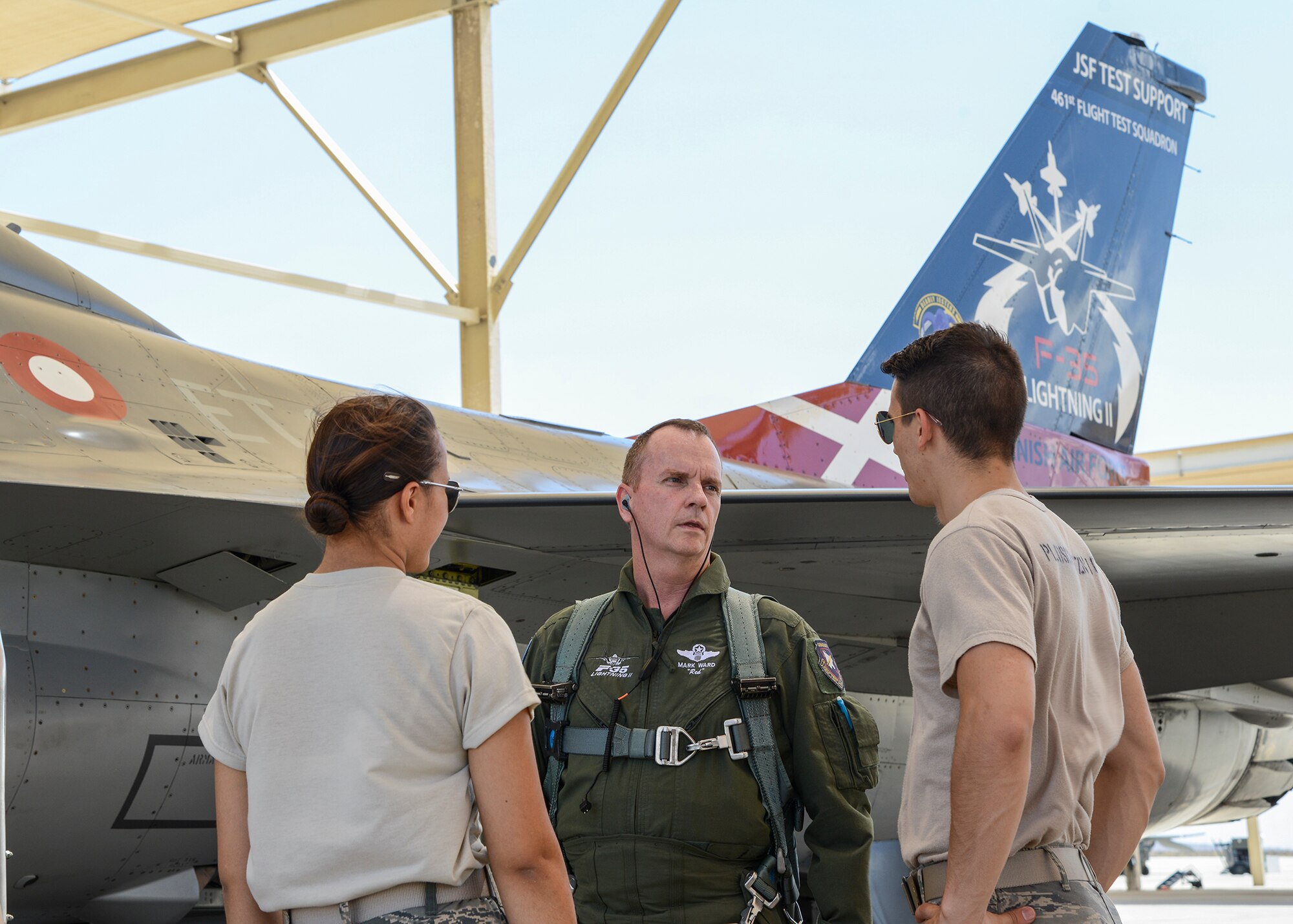 Air Force ROTC and Air Force Academy cadets arrived at Edwards June 2 for a two-week walk in an Air Force officer’s shoes. In smaller groups, the cadets were able to see various parts of the mission like pre-flight checks with pilots. Lockheed Martin F-35 Pilot Mark Ward answers questions from two cadets just before boarding for a sortie. (U.S. Air Force photo by Rebecca Amber)