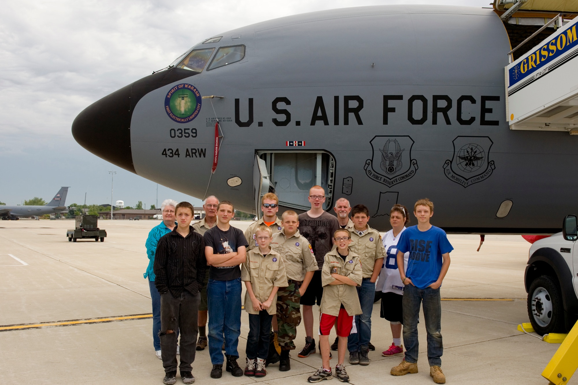 Boy Scouts and their leadership from Troop 570 out of Kokomo, Ind., pose for a photo in front of a KC135R Stratotanker during a tour of Grissom Air Reserve Base, Ind., June 10, 2015.  During the tour the group visited Grissom's propulsion shop in addition to a KC-135R static display. (U.S. Air Force photo/Tech. Sgt. Benjamin Mota)