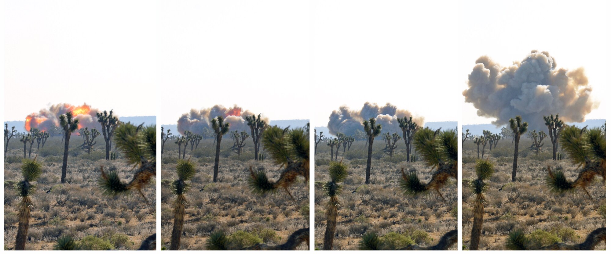 A combined sequence of images showing the detonation and disposal of approximately 500 pounds of NASA ordnance that had been stockpiled for 30 to 50 years June 8 at the Open Burn/Open Detonation range. The 412th Civil Engineer Group Explosive Ordnance Disposal team used approximately 412 pounds of C-4 explosive during the detonation and disposal event. (U.S. Air Force composite photo by Jet Fabara)