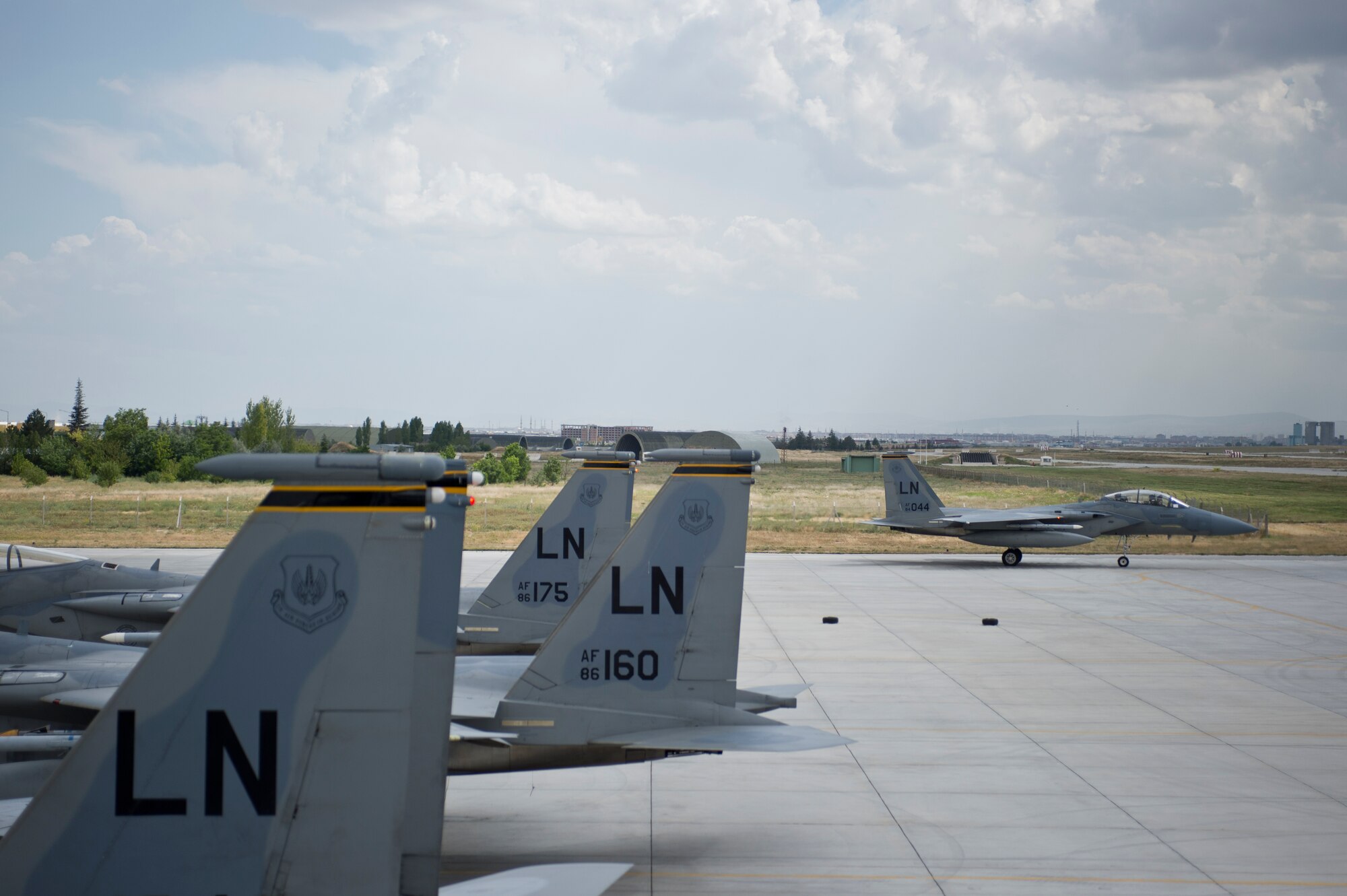 An F-15D Eagle assigned to the 493rd Fighter Squadron, 48th Fighter Wing, Royal Air Force Lakenheath, England, taxis to the runway at 3rd Main Jet Base, Turkey, during Anatolian Eagle 15, June 10, 2015. Anatolian Eagle is a two-week flying training exercise involving U.S. Air Forces in Europe units and multiple NATO partners. (U.S. Air Force photo by Tech. Sgt. Eric Burks/Released)