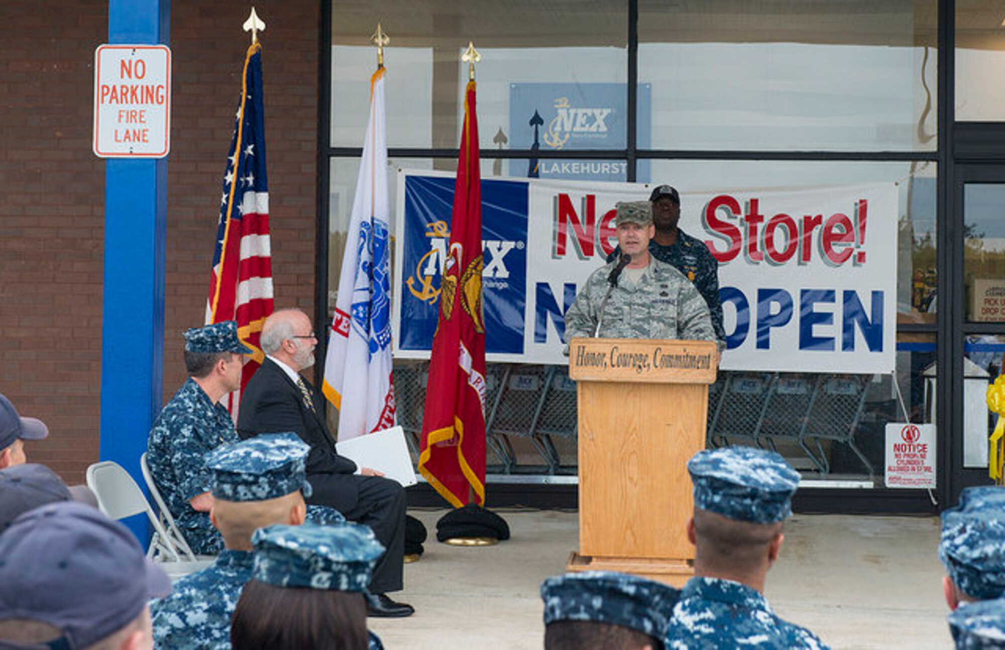 Col. James Hodges, Joint Base McGuire-Dix-Lakehurst commander, speaks at the grand reopening of the Navy Exchange on Joint Base McGuire-Dix-Lakehurst, N.J. June 9, 2015. The NEX opened recently after a year of renovations.  (U.S. Air Force photo by Airman 1st Class Joshua King)