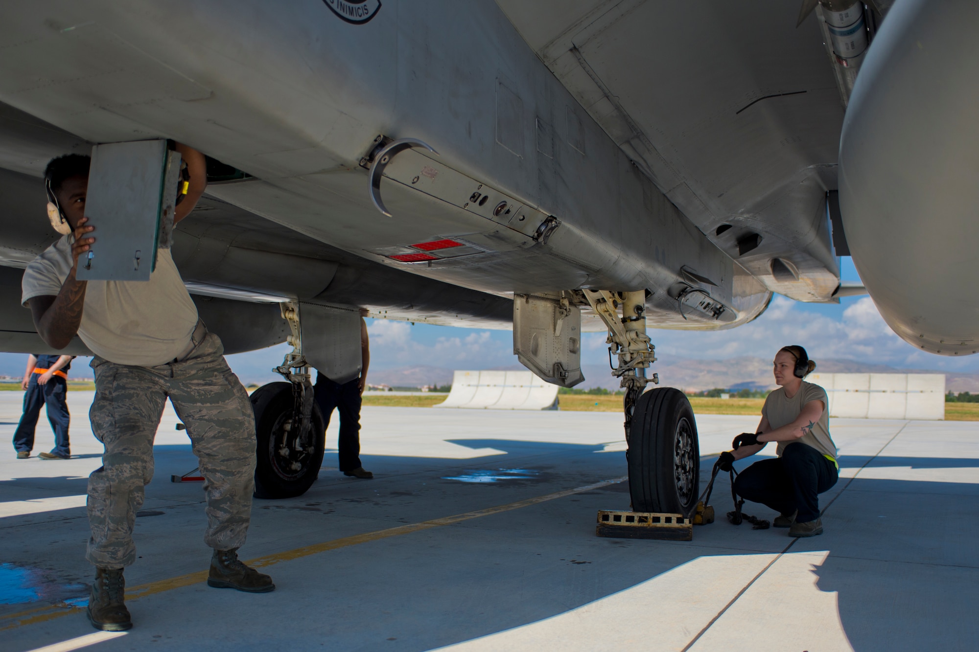 Maintainers from the 748th Aircraft Maintenance squadron prepare an F-15C Eagle assigned to the 493rd Fighter Squadron, Royal Air Force Lakenheath, England, during an Anatolian Eagle 15 mission at 3rd Main Jet Base, Turkey, June 10, 2015. Maintainers are responsible for overseeing the day-to-day maintenance of aircraft, including diagnosing malfunctions and replacing components, and conducting various inspections to ensure the aircraft is functioning properly. (U.S. Air Force photo by Tech. Sgt. Eric Burks/Released)