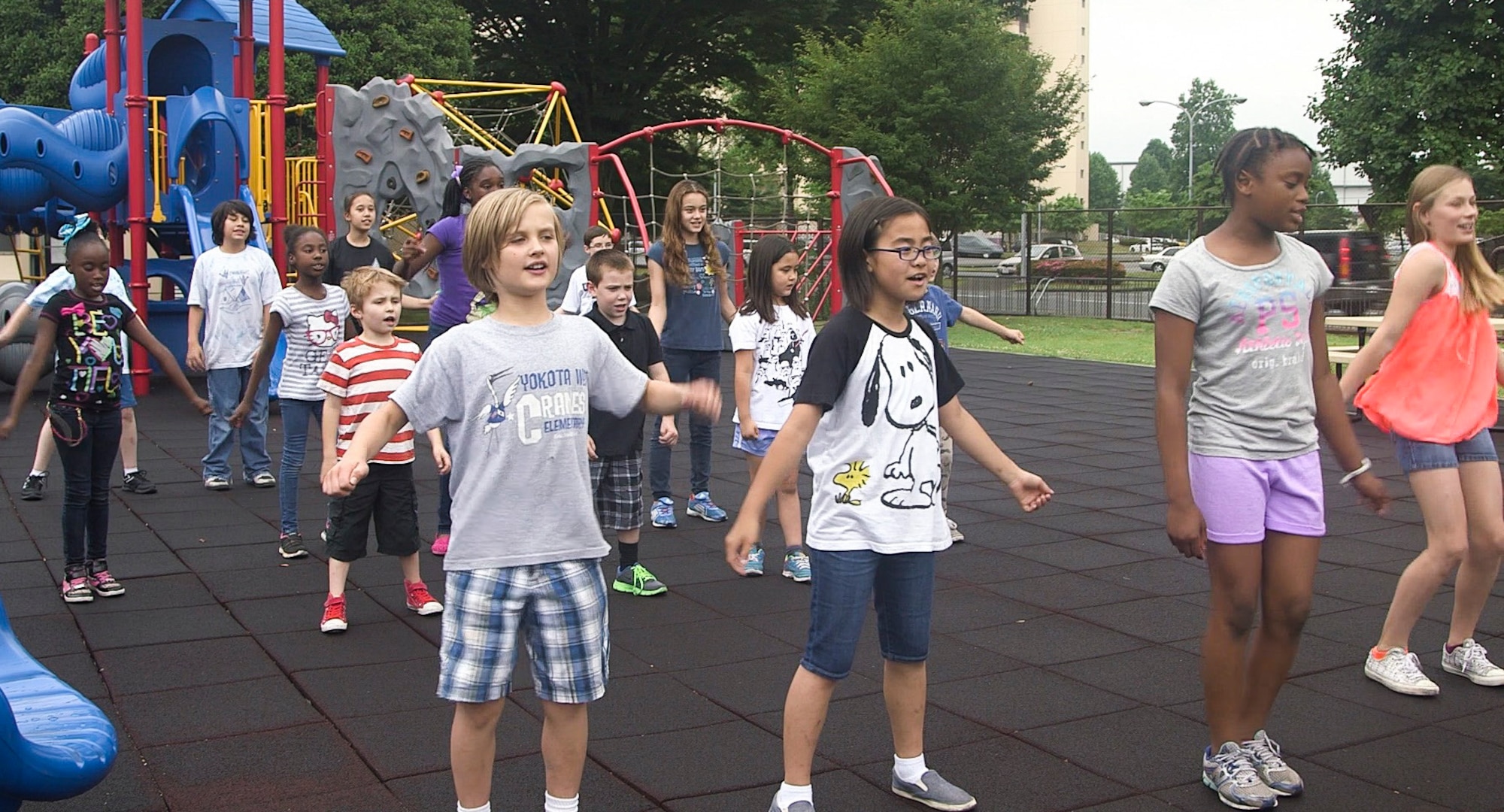 Students from Yokota West Elementary School dance during a performance to raise awareness for the Recess Before Lunch program at Yokota Air Base, Japan, June 2, 2015. The program is part of the Healthy Base Initiative. (U.S. Air Force photo by Staff Sgt. Dustin Payne/Released)