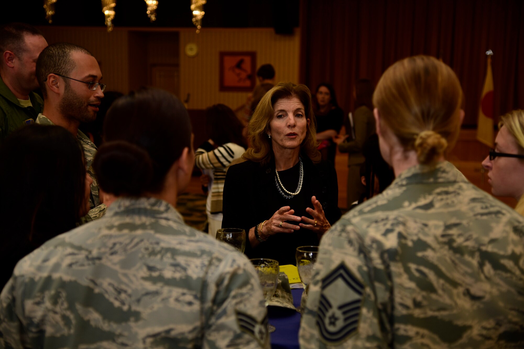 U.S. Ambassador to Japan Caroline Kennedy speaks with Airmen from the 35th Fighter Wing during a meet and greet at Misawa Air Base, Japan, June 11, 2015. More than 50 Airmen and dependents were able to share their personal stories with the Ambassador, who expressed her gratitude for the sacrifices they make daily. (U.S. Air Force photo by Airman 1st Class Jordyn Fetter/Released)