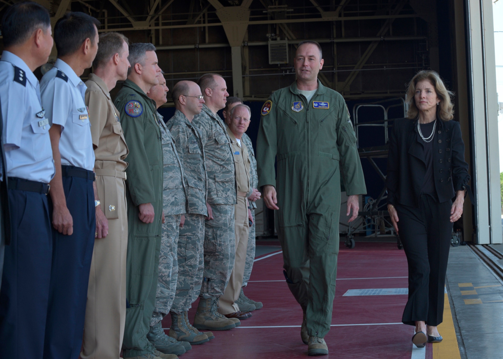 U.S. Air Force Col. Tim Sundvall, 35th Fighter Wing commander, and U.S. Ambassador to Japan, Caroline Kennedy, walk alongside Misawa Air Base leadership, June 11, 2015. This was Kennedy’s first visit to Misawa Air Base. (U.S. Air Force photo by Senior Airman Jose L. Hernandez-Domitilo/Released)