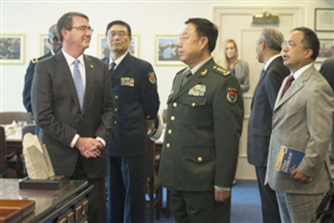 Secretary of Defense Ash Carter welcomes Gen. Fan Changlong, vice chairman of China's Central Military Commission, to the Pentagon, June 11, 2015. The two leaders met to discuss matters of mutual importance.