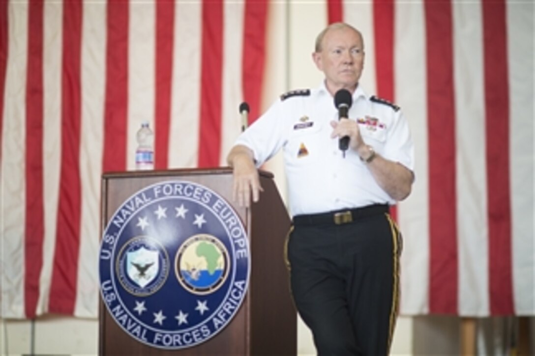 U.S. Army Gen. Martin E. Dempsey, chairman of the Joint Chiefs of Staff, conducts an all-hands call with sailors and civilians at Naval Support Activity Naples, Italy, June 11, 2015.