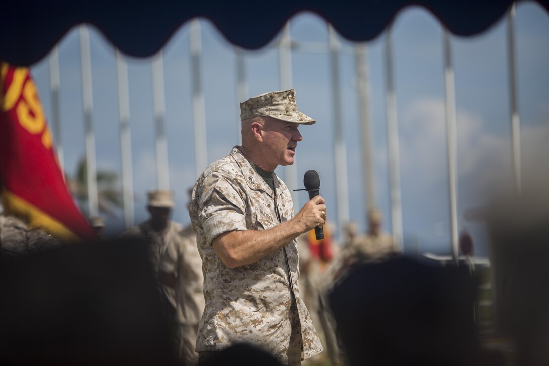 Major Gen. Charles L. Hudson speaks during the Marine Corps Installations Pacific – Marine Corps Base Camp Butler change of command ceremony June 12, aboard Camp Foster Okinawa, Japan. Brig. Gen. Malavet took command of MCIPAC from Hudson who will be the new commander of Marine Corps Installations Command, Headquarters Marine Corps, Washington, D.C. Hudson will also serve as the Assistant Deputy Commandant (ADC), Installations and Logistics (Facilities) and Commanding General, Marine Corps National Capital Region. 

Malavet, who previously commanded 1st Marine Expeditionary Brigade and also served as the Deputy Commander for I MEF Camp Pendleton, California, is a naval aviator with almost thirty years’ experience as a commissioned officer including deployments to Iraq and Afghanistan and is also a graduate of The Paul H. Nitze School of Advanced International Studies. Malavet has a vast amount of experience with different exercises including joint exercise Pacific Horizon which is a crisis response exercise where 1st MEB takes on a support role similar to that of MCIPAC’s mission of supporting III MEF in crisis response situations. Malavet expressed how impressed he was with MCIPAC’s mission readiness and how he looks forward to these next few years as commander. “Most importantly I want to acknowledge and thank the Marines, sailors, civilians; both U.S. and Japanese, who work so hard and diligently with Marine Corps Installations Pacific.” (U.S. Marine Corps Photo by Cpl. Janessa K. Pon/Released)
