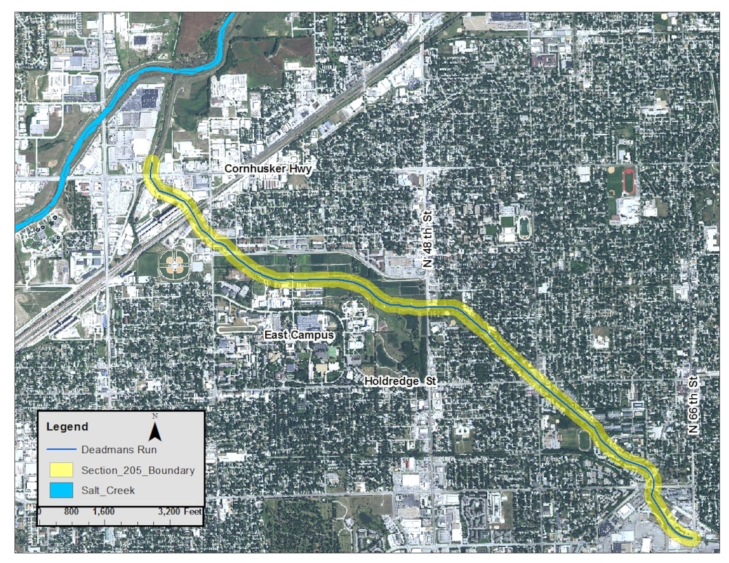 Outlines the primary reach along Deadmans Run, a tributary of Salt Creek, in Lincoln, Nebraska that will be studied during the feasibility phase of a Section 205 flood risk management project.