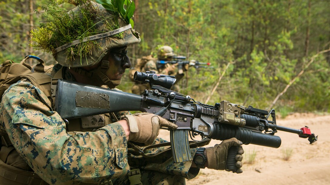 Lithuanian forces are teamed with U.S. Marines from the Black Sea Rotational Force during Exercise Saber Strike at the Pabrade Training Area, Lithuania, June 9, 2015. The exercise allows NATO allies and partner nations to hone their tactics in a multilateral environment to improve interoperability. 