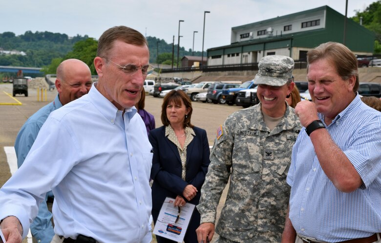 Chairman Mike Simpson (right), House Energy and Water Development Appropriations Subcommittee, and Congressman Tim Murphy (left) share a laugh with Col. Bernard Linstrom, U.S. Army Corps of Engineers Pittsburgh District commander, during a tour of Locks and Dam 4 on the Monongahela River at Charleroi, Pennsylvania, June 5.