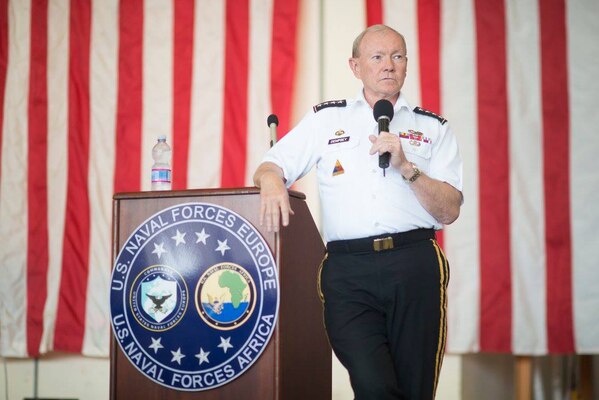 Gen. Martin E. Dempsey, chairman of the Joint Chiefs of Staff, makes comments and addresses questions from Sailors and civilians stationed at Naval Air Station Naples, Italy, June 11, 2015.
